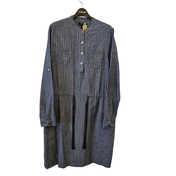 Land's End Size 10 100% Cotton Blue Stripe Tie Waist Belt Dress Dry Cleaned - Picture 2 of 12